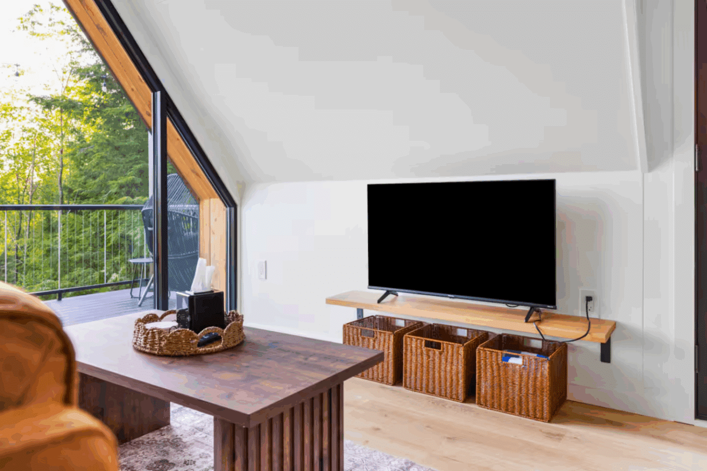 Tv In Sitting area of A frame studio park model tiny home in Shippenville Pa