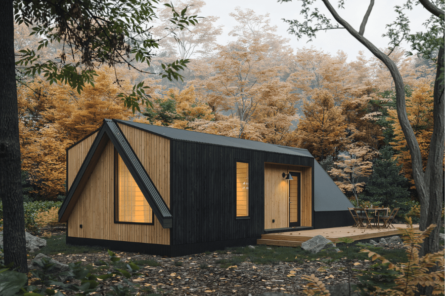 black and brown wood paneled exterior of A frame ADU
