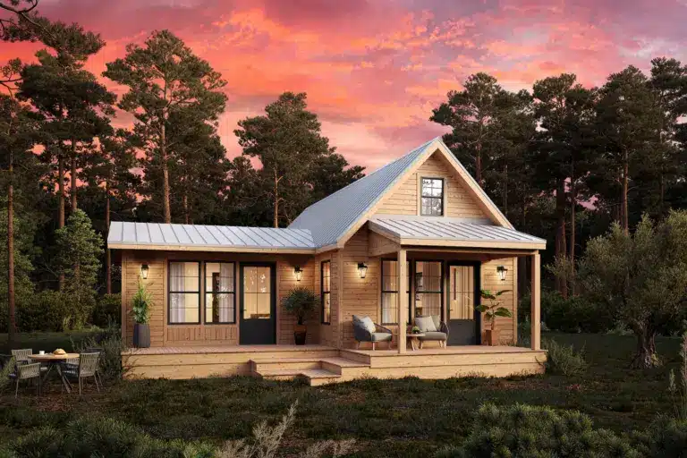 wooden ADU with front porch and overhang in forest during sunset