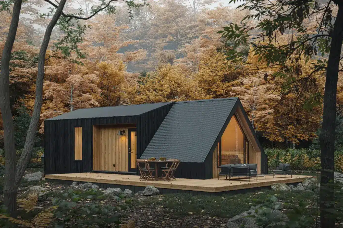 Black and wood-toned A-frame ADU with large windows and patio seating, set in a forest with colorful autumn foliage.