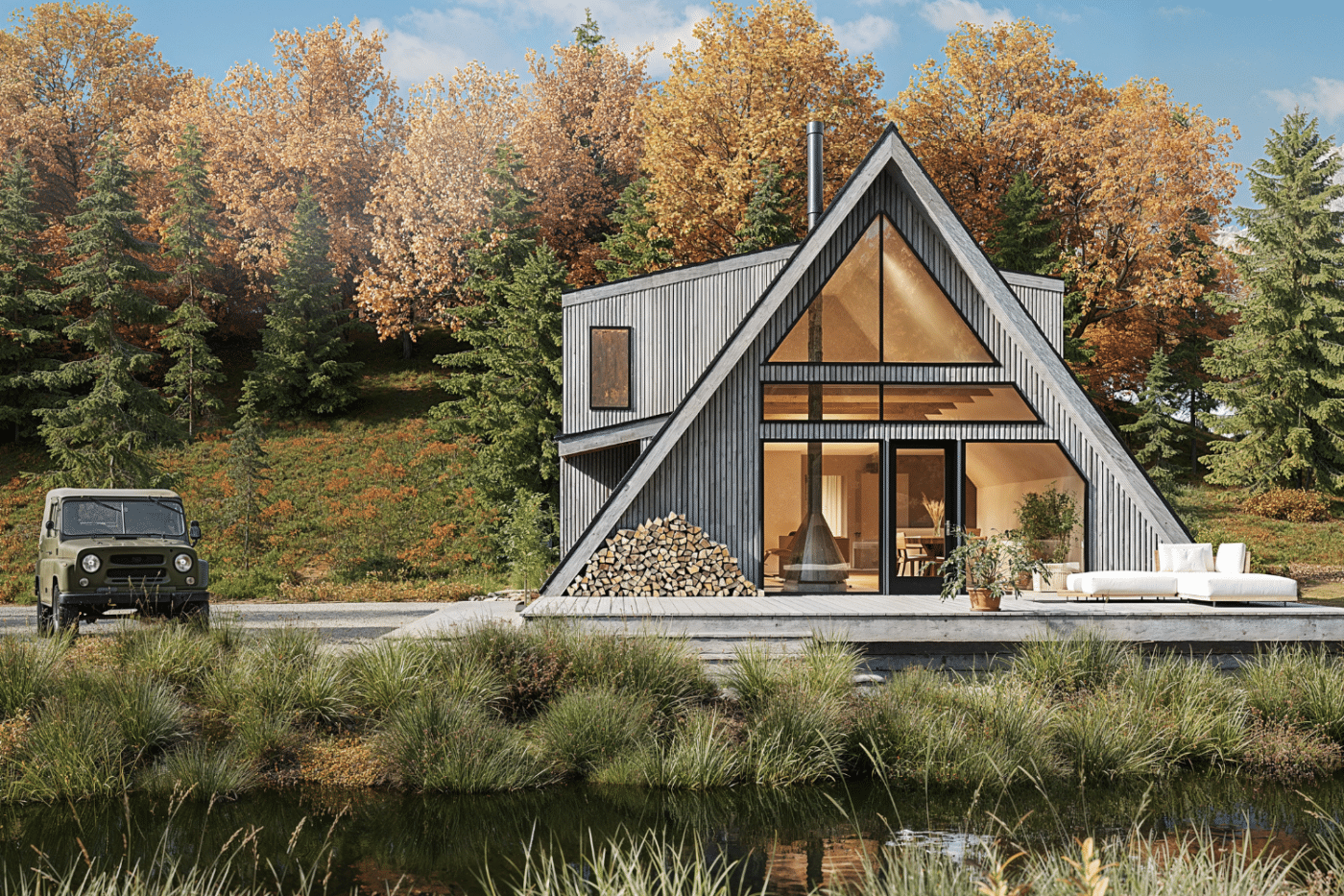 weathered cypress sided A frame with two bedrooms and full sized bathroom created and designed by Psy Homes