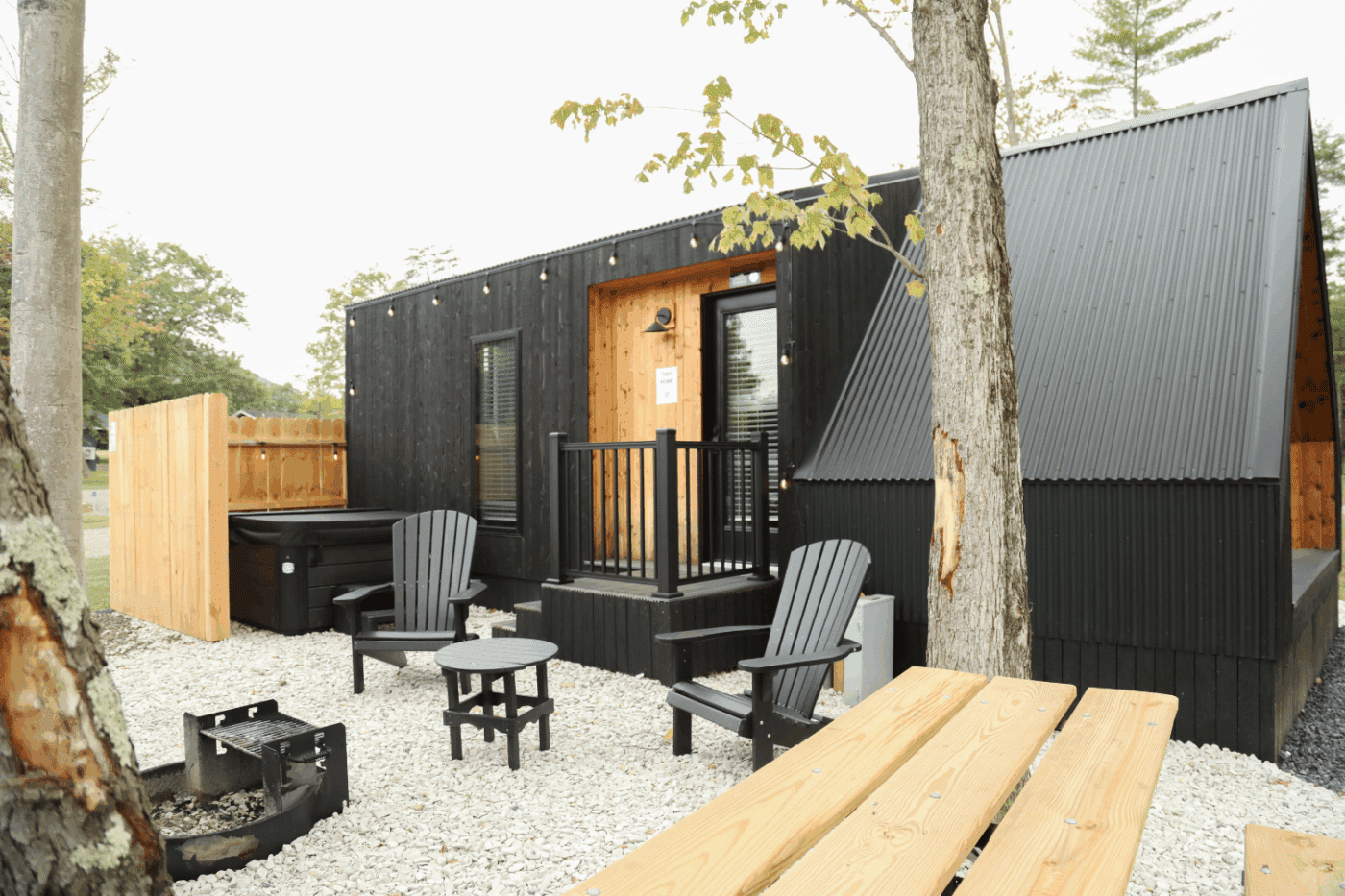outdoor hospitality Area of A Frame 26 Park Model tiny home at Hartman Center