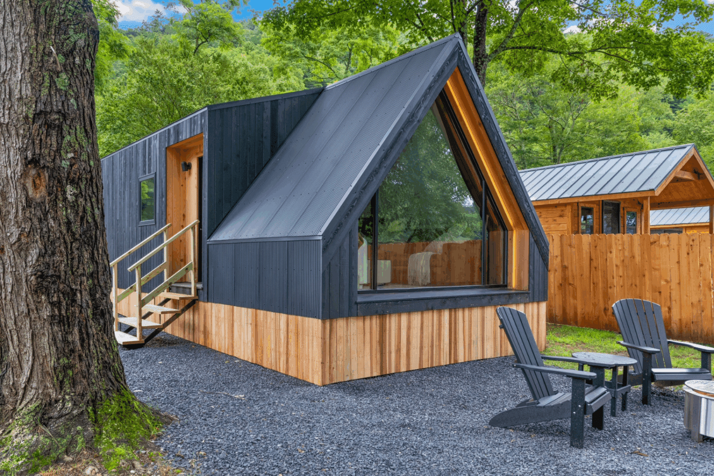 Modern Finished A frame studio park model tiny home in Pond Eddy New York Rushing Water 1at The Outpost Resort
