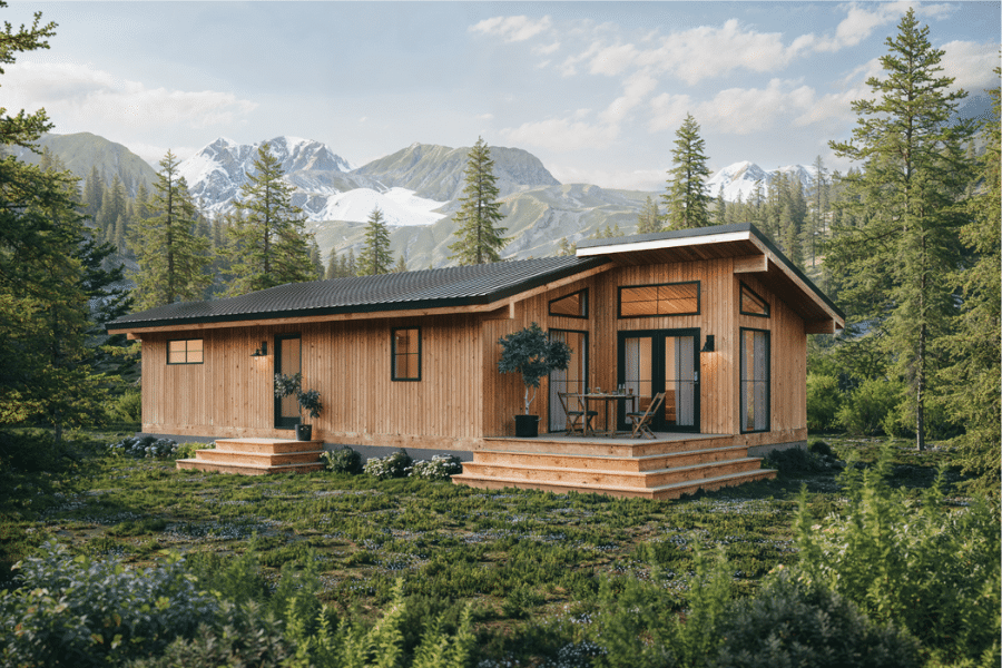 modern cabin with black metal roofing and patio area