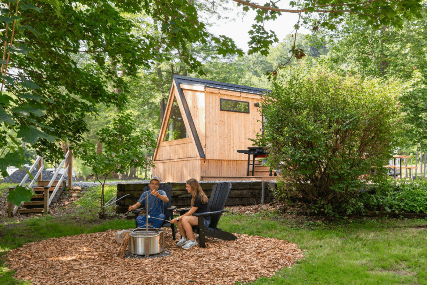 campfire pit with A frame custom built glamping pod