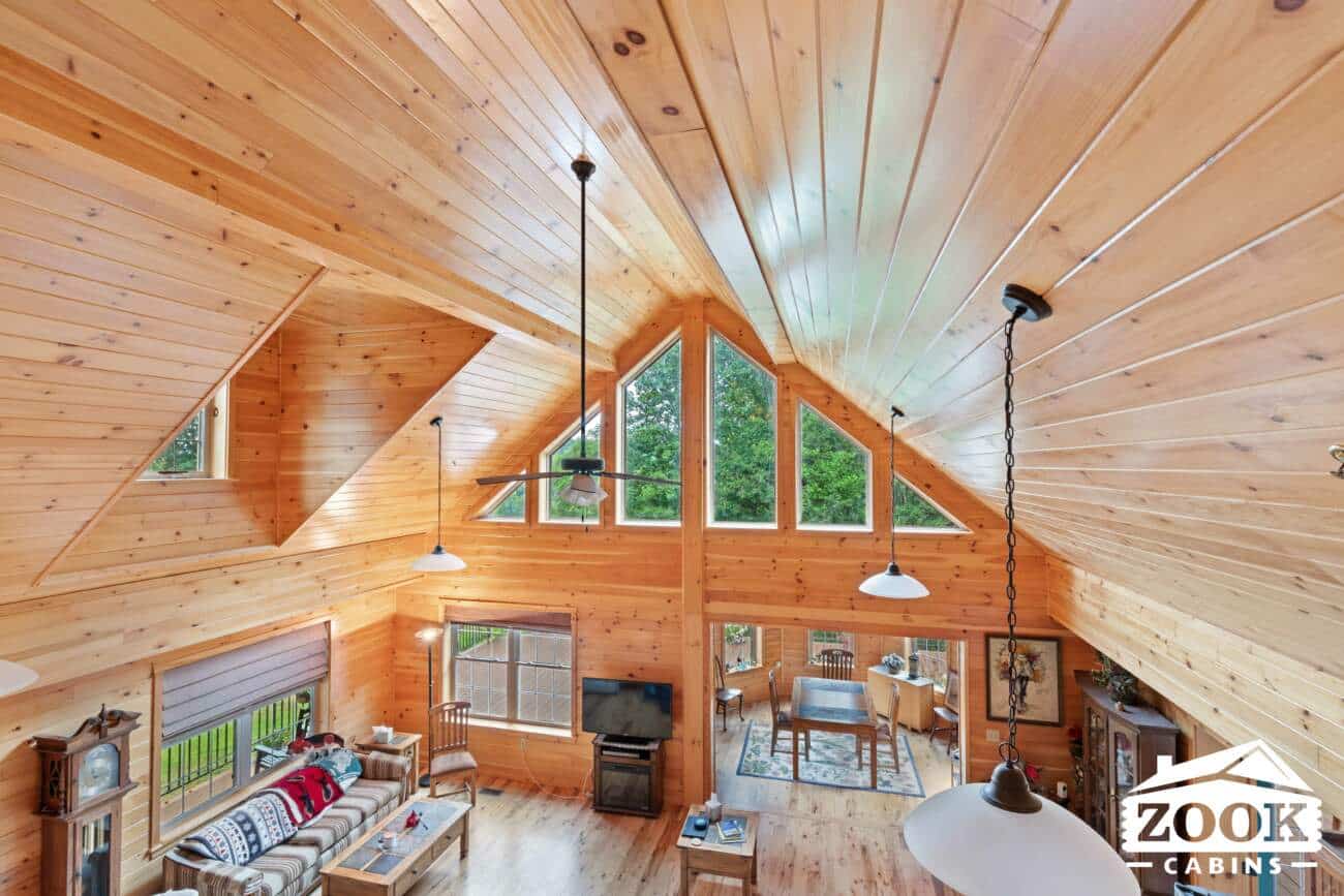 greatroom with vista windows in prefab cabin in maryland