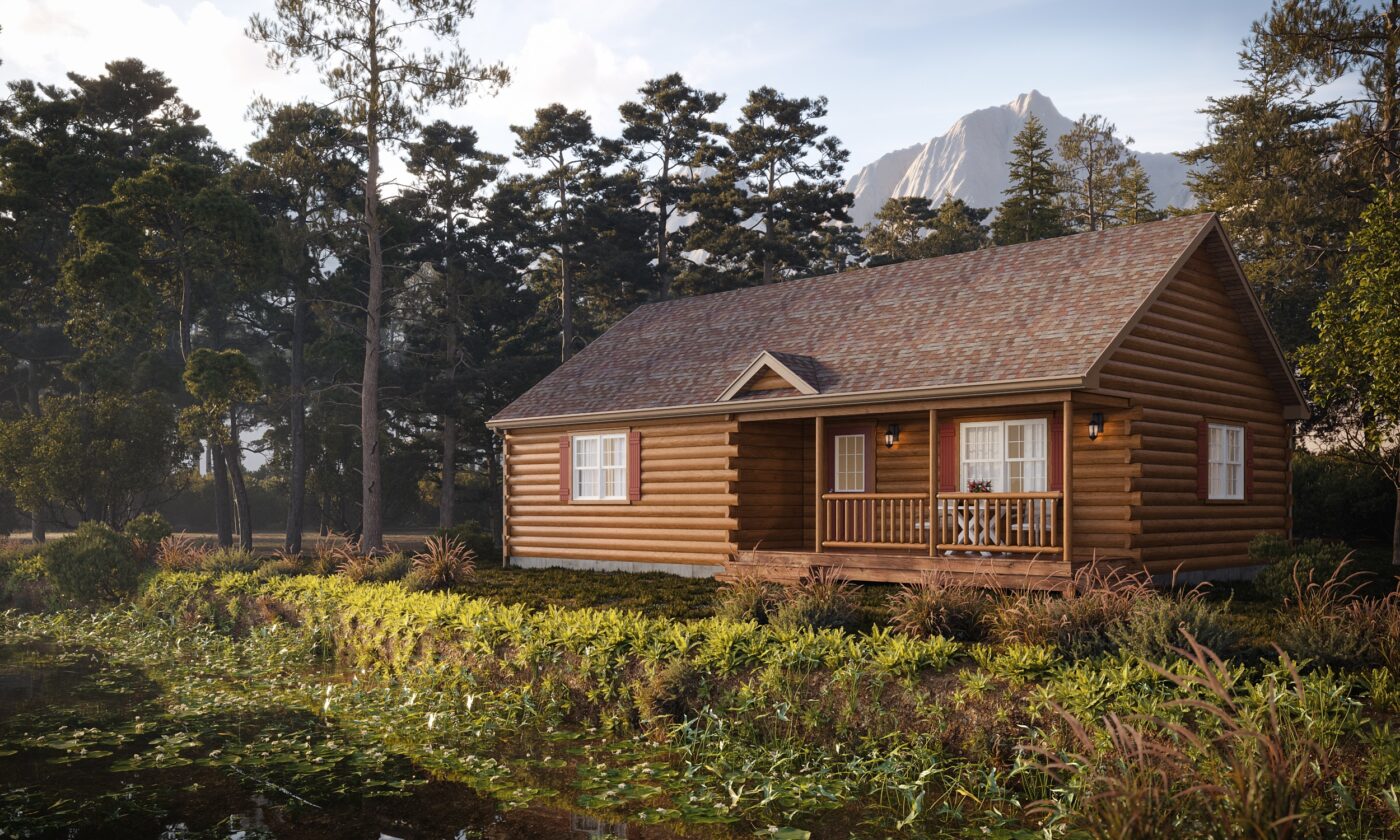 Frontier log cabin with small covered porch near a pond and forest in Virginia.
