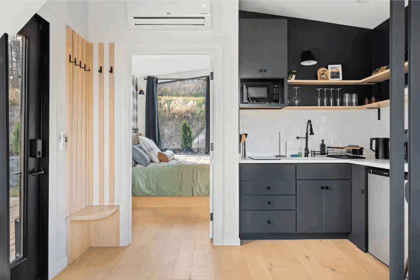 Mini split heating and cooling for energy efficiency in A Frame ADU cabin