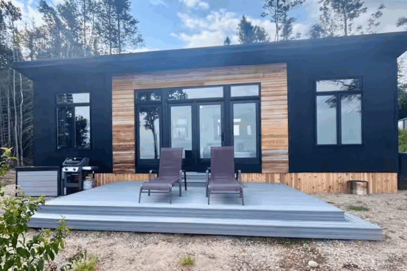 Alpine Park Model tiny home with outdoor hospitality area in Newberry MI