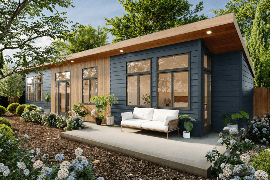 Sonoma ADU with blue siding and wood paneling in backyard in Oregon by fence