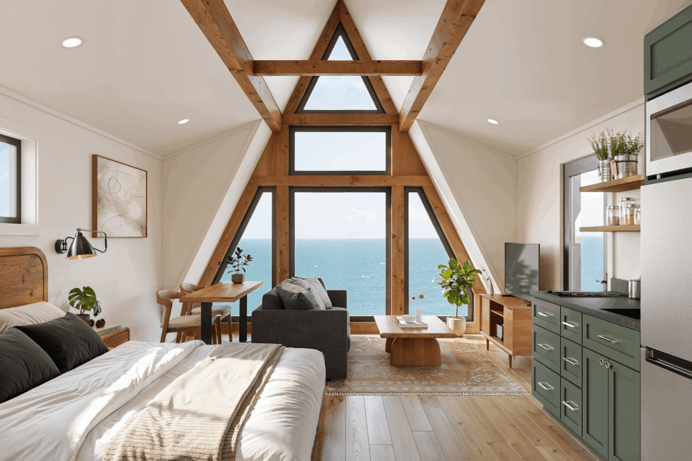 A frame cottage modular tiny home sleeping area and living room built by Zook Built and designed by Psy Homes