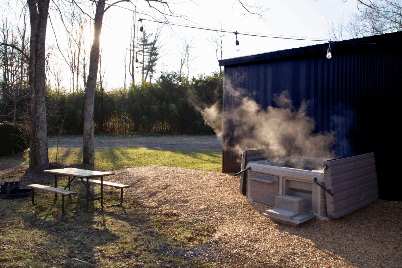 outdoor hospitlality area of Alpine park model tiny home in Milroy pa built and designed by Psy Homes