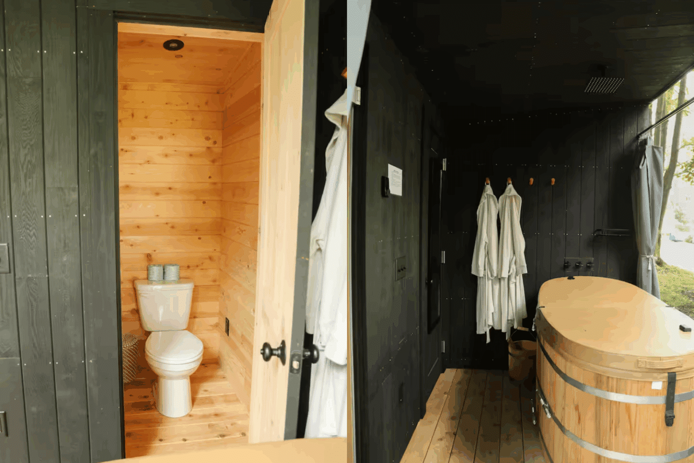 Bathroom and cold plunge area of Vista glamping pod in Bellefonte Pa