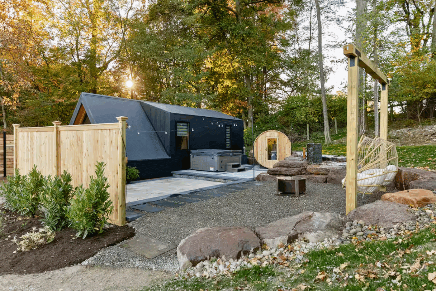 Outdoor hospitality area with Psy Homes A frame park model in Narvon Pa