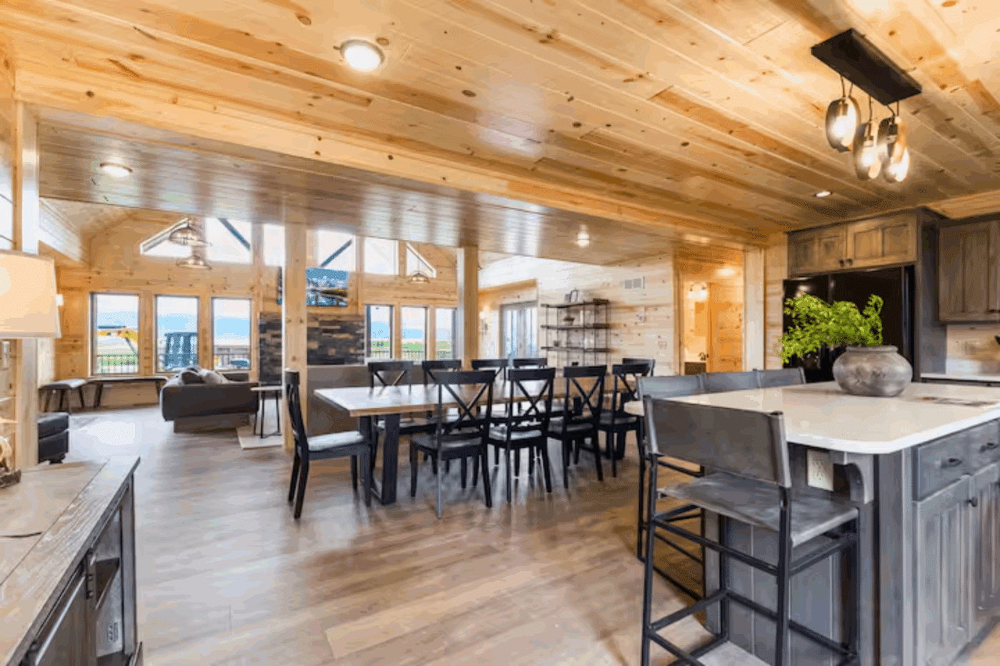 Open floor plan of log Canyon lodge in Driggs Idaho