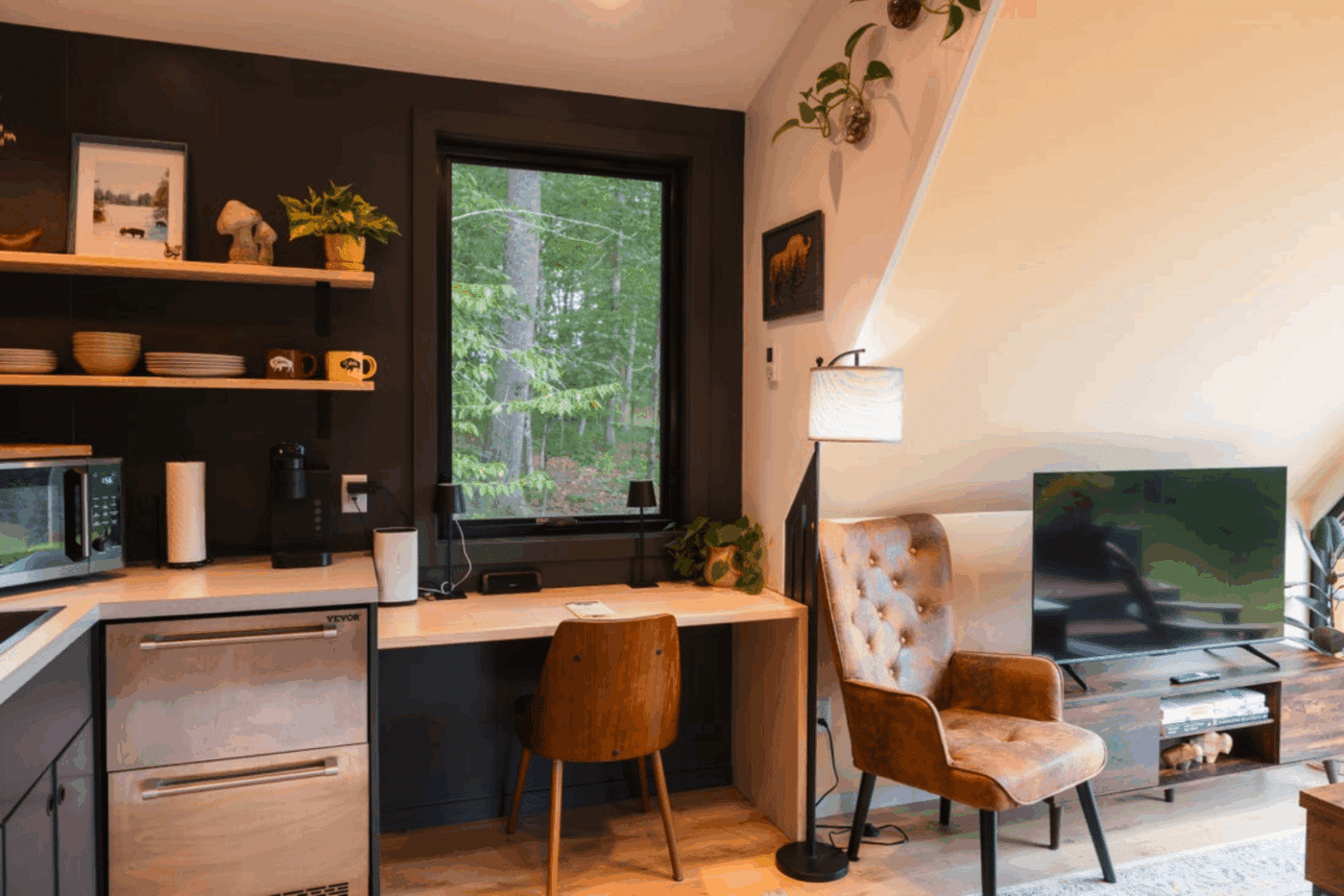 kitchen and living room of A Frame park model tiny home in Culpeper Va