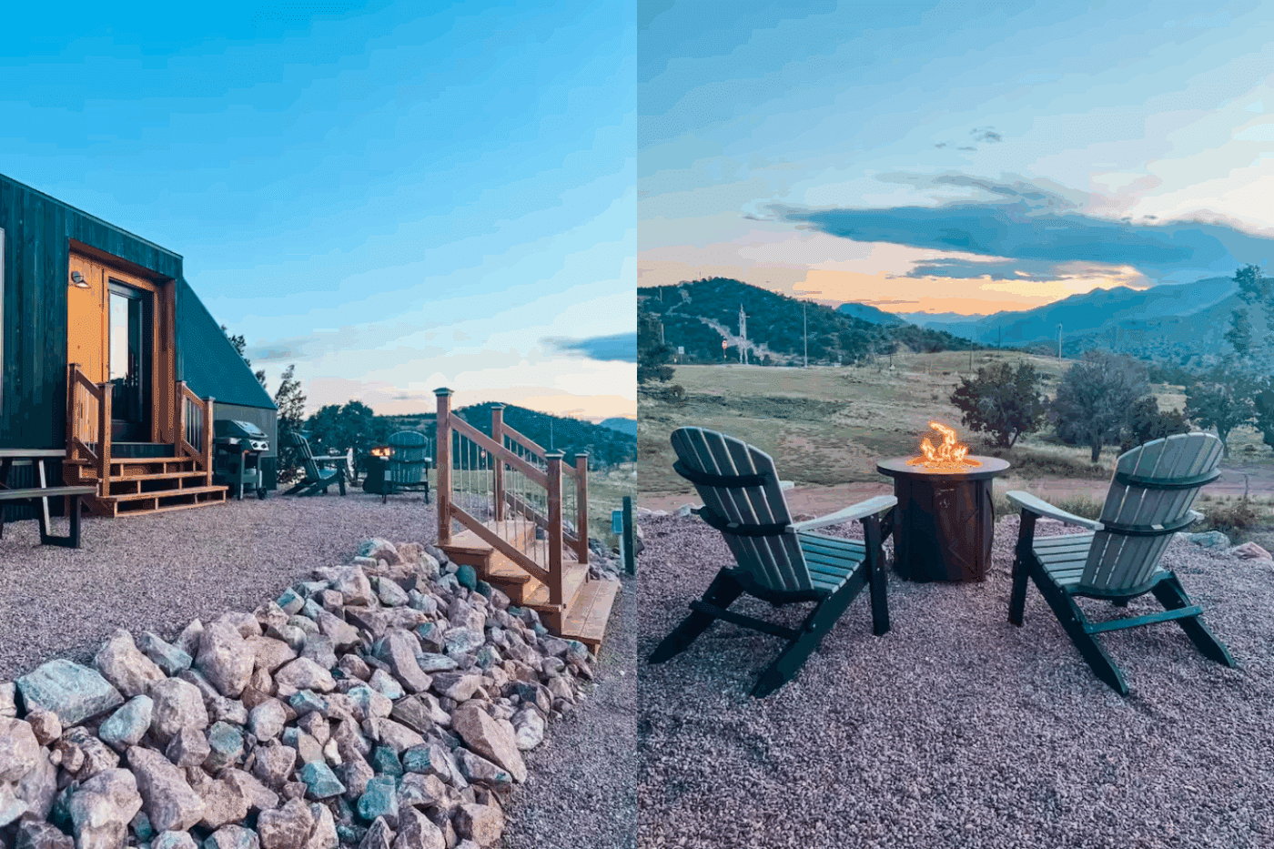 Outdoor hospitality area of A frame park model tiny home in Cañon City Colorado Peakview 3