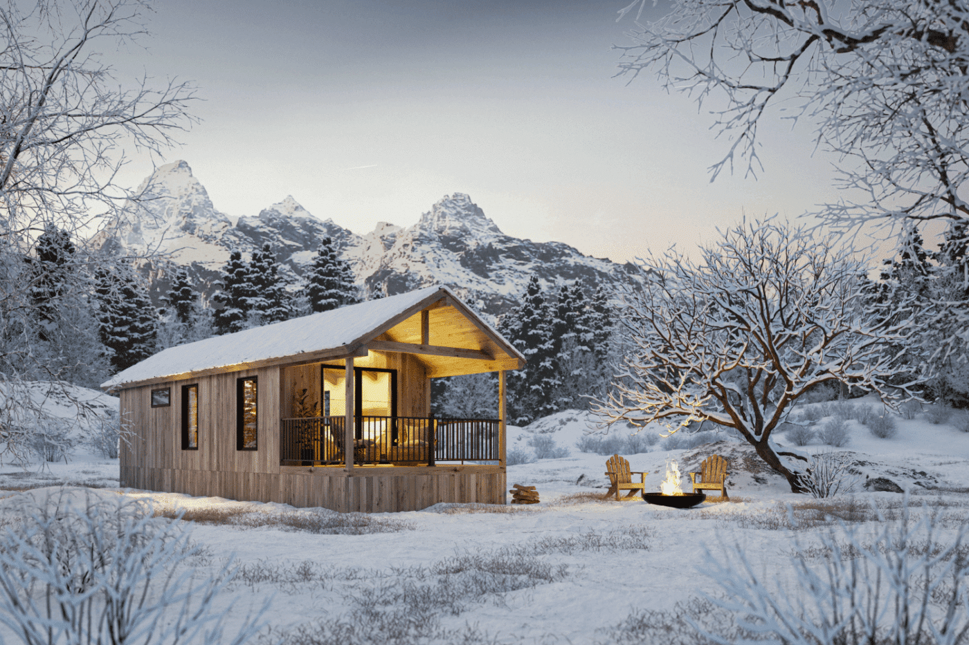 Denali park model tiny home with wood siding, set in a snowy landscape with mountains in the background.