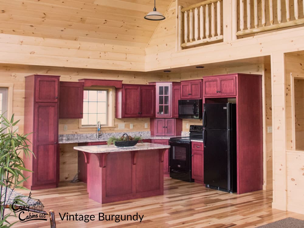 Vintage burgundy kitchen cabinets for Your Log Cabin