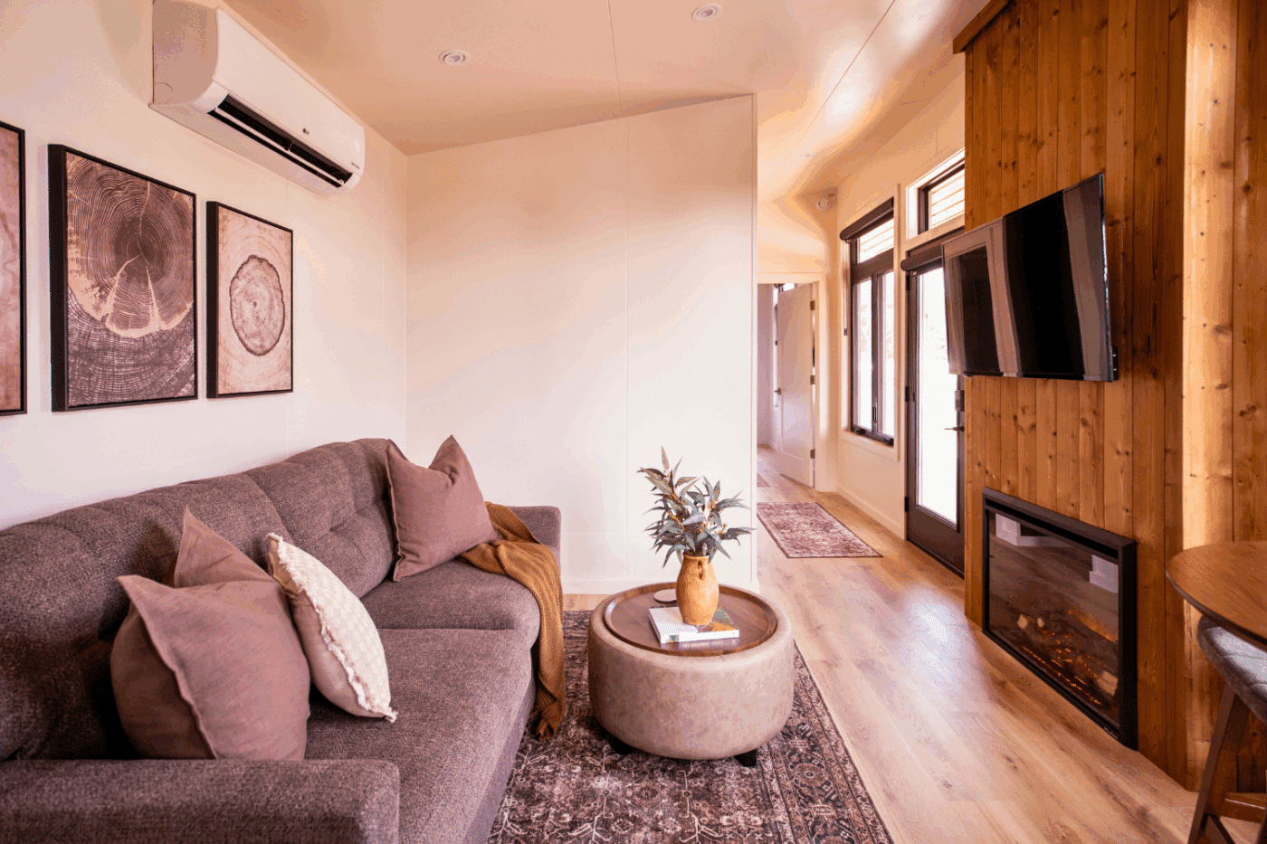 livingroom of Sonoma park model tiny home in new holland pa site 104 built and designed by Psy Homes