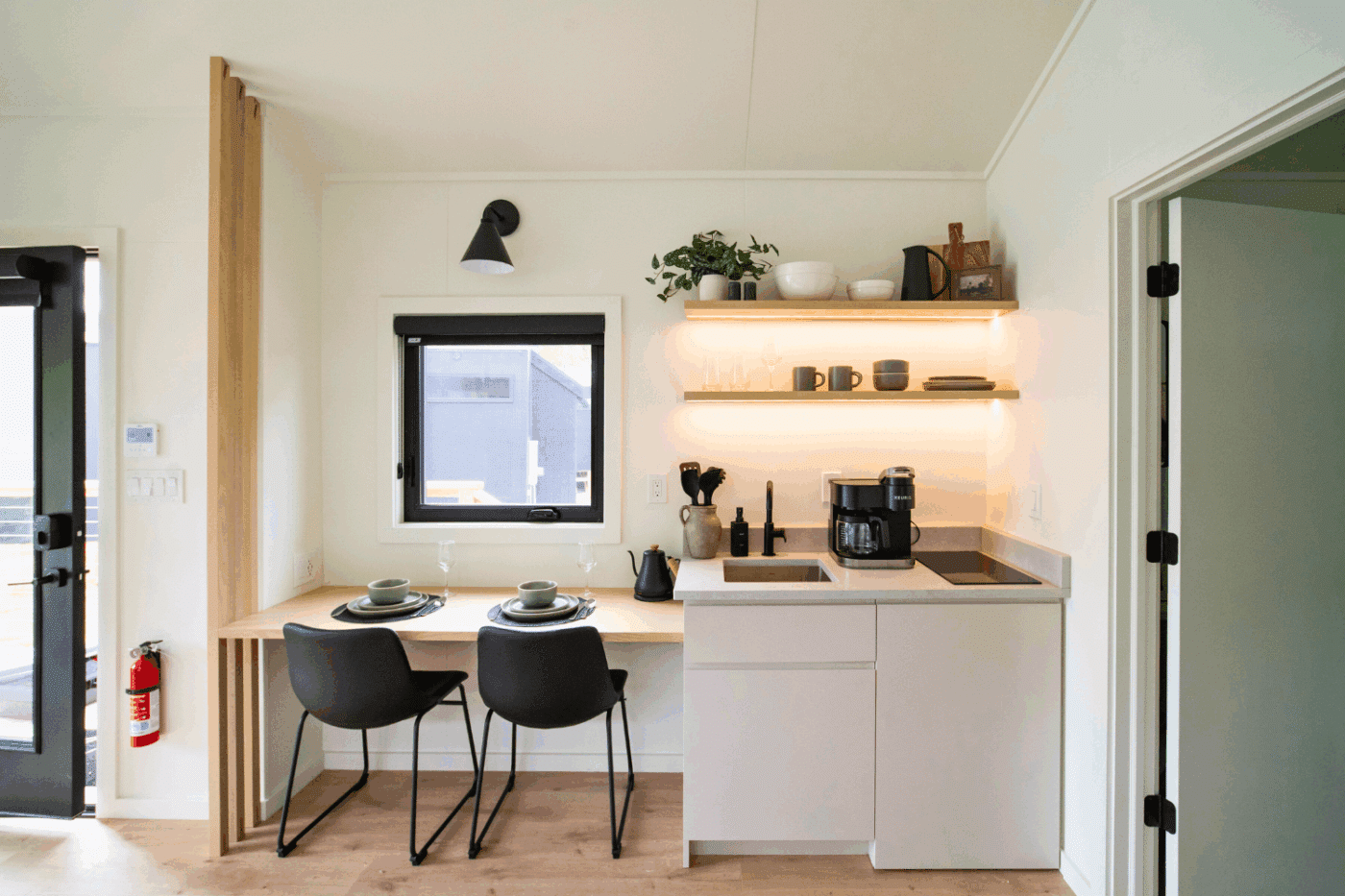 kitchen area of A frame park model studio tiny home built and designed by Psy Homes At Red Run Resort at New Holland PA site 139