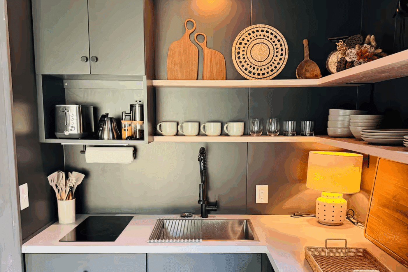 Kitchen area in A Frame park model tiny home in Saugerties NY with luxury kitchen