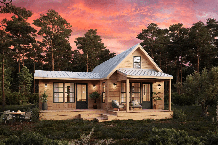 wooden grove ADU with metal roof and front porch