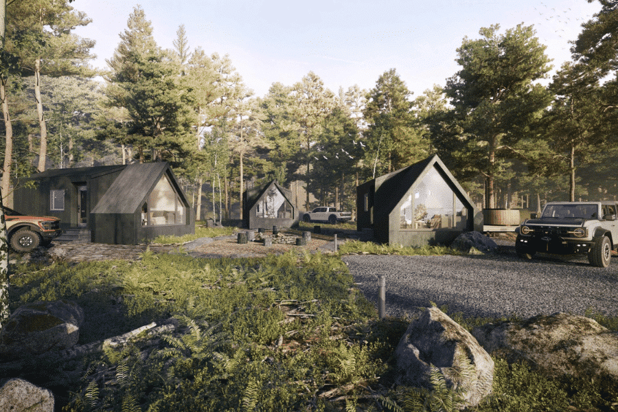 gray a frame shaped tiny homes in tiny home community in accordance with tiny home regulations in VT