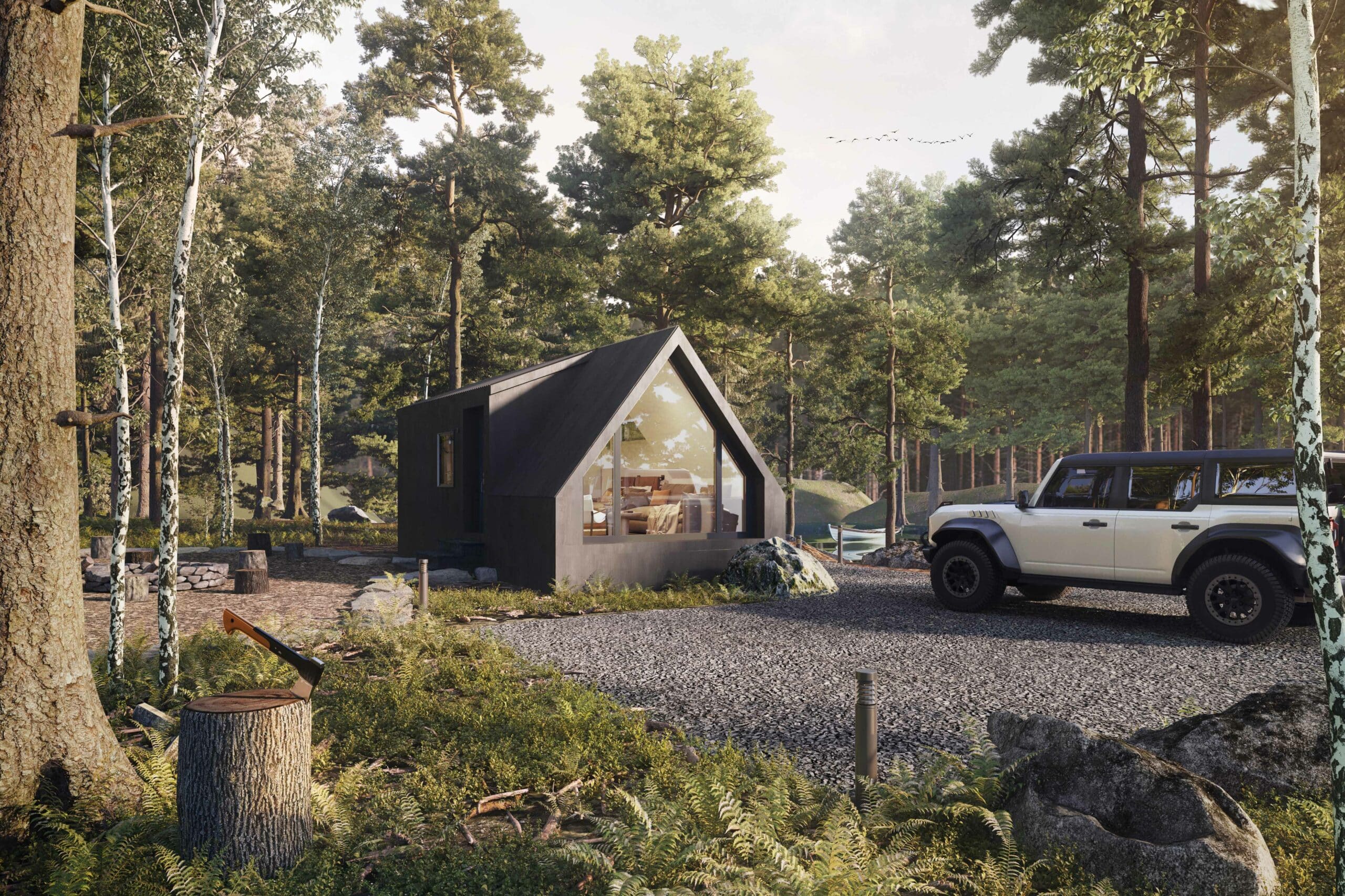A sleek, modern tiny home with an A-frame design sits peacefully in a wooded setting, blending harmoniously with its natural surroundings. The home features large floor-to-ceiling glass windows, providing a clear view of a cozy, well-lit interior. A rugged white SUV is parked on the gravel driveway nearby, emphasizing the outdoor, off-grid lifestyle. In the foreground, an axe is lodged in a tree stump, suggesting preparations for a campfire, with lush greenery and ferns covering the forest floor. Tall trees and soft sunlight filtering through the canopy create a serene and tranquil atmosphere.
