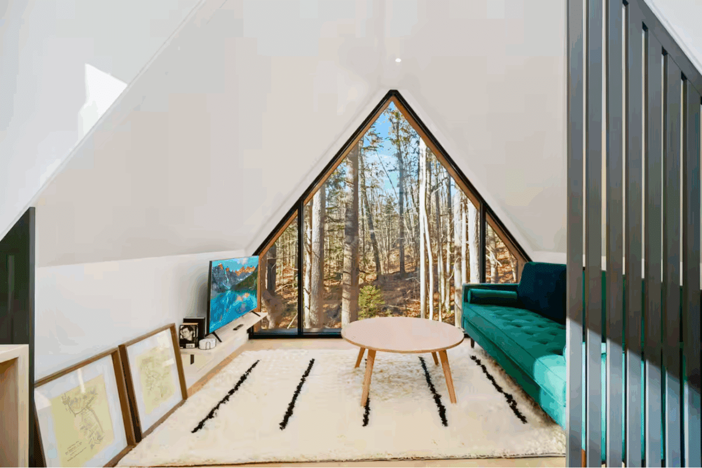 Livingroom in A frame tiny home located in Wiscasset Maine built and designed by Psy Homes