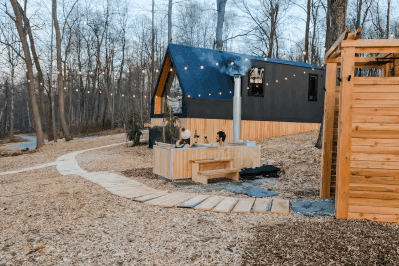 A frame park model tiny home nbuilt by zook cabins in gap pwa with wood fired hot tub