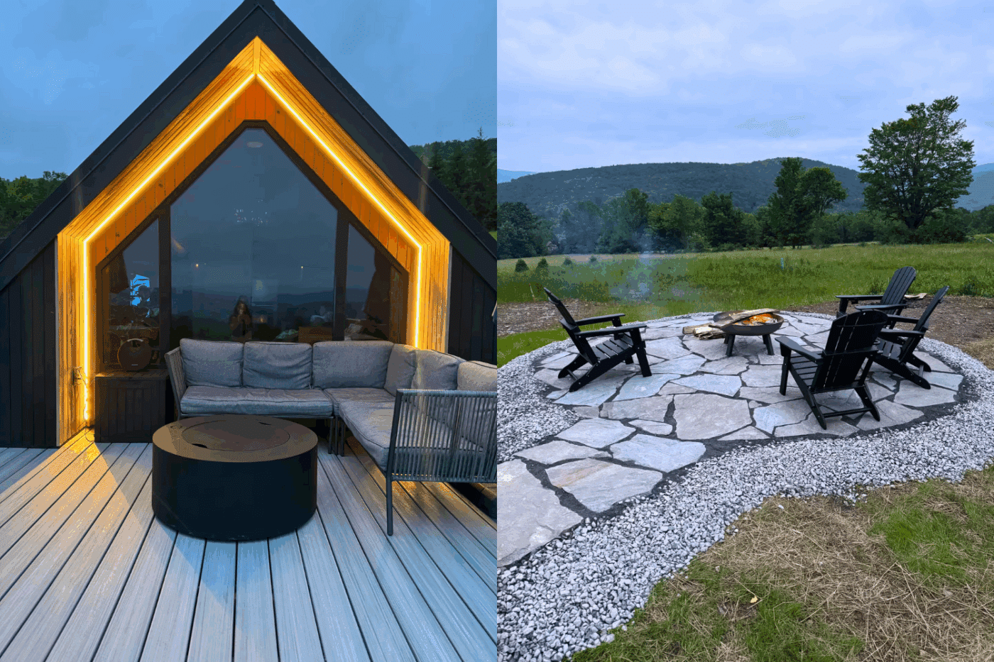 Outdoor hospitality area of 1 bedroom 1 bathroom A frame ADU in Fleischmanns New York built and designed by Psy Homes