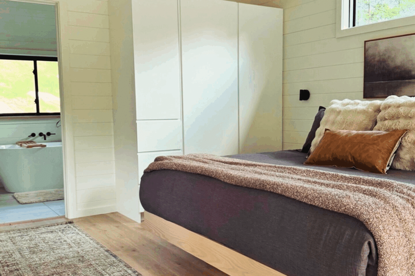 A Frame Studio Park model bedroom and bathroom