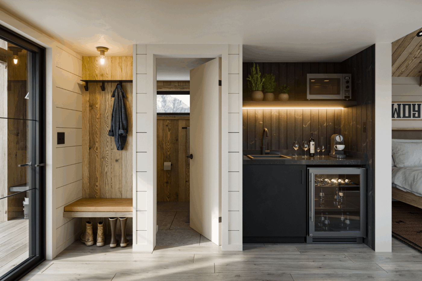 Yukon park model tiny home entry bathroom and kitchenette built by Zook Built and designed by Psy Homes