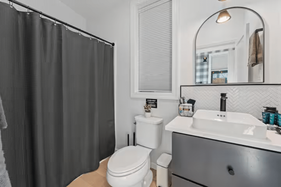 bathroom inside an A frame ADU