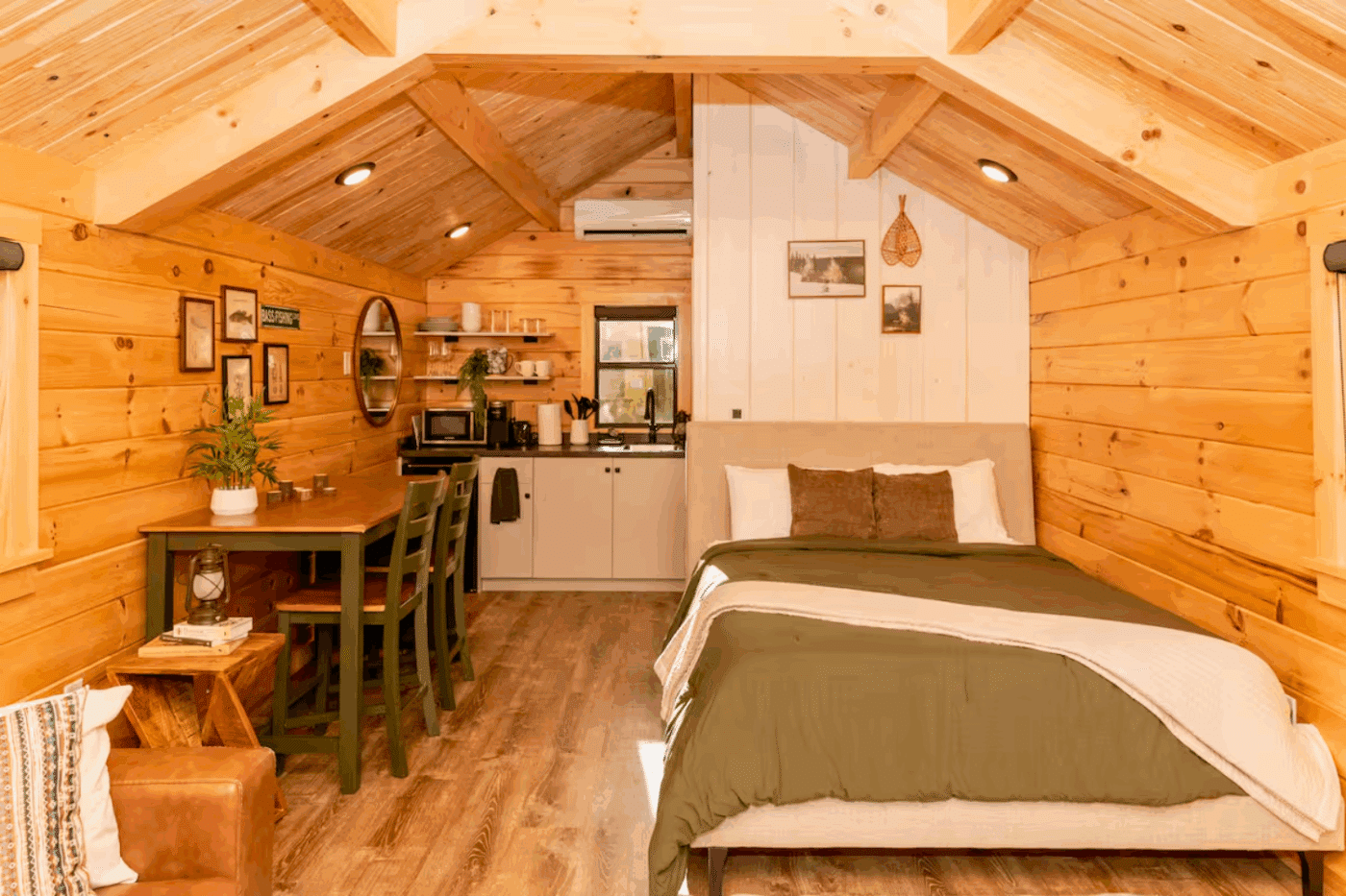 interior of log studio park model tiny home in James creek Pa studio 2