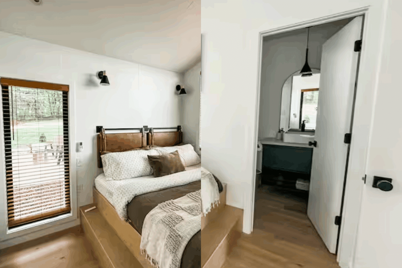 A frame park model tiny home in Harrison Arkansas bedroom with lots of storage created and designed by Psy Homes