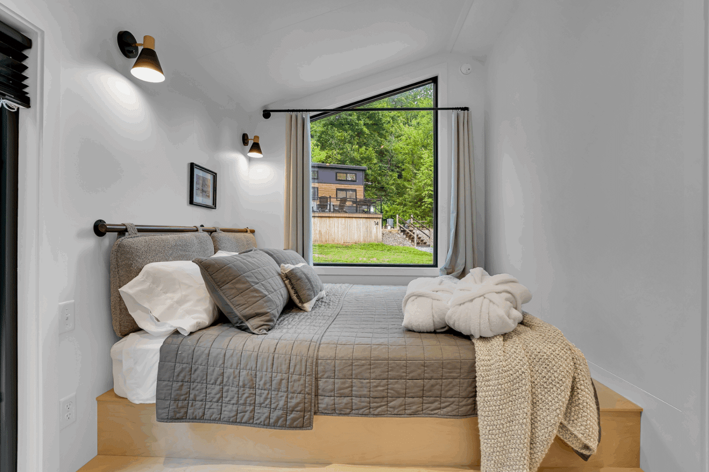 Bedroom of A Frame park model tiny home in Alexandria Pa Greene Hills Resort and Campground at site 17
