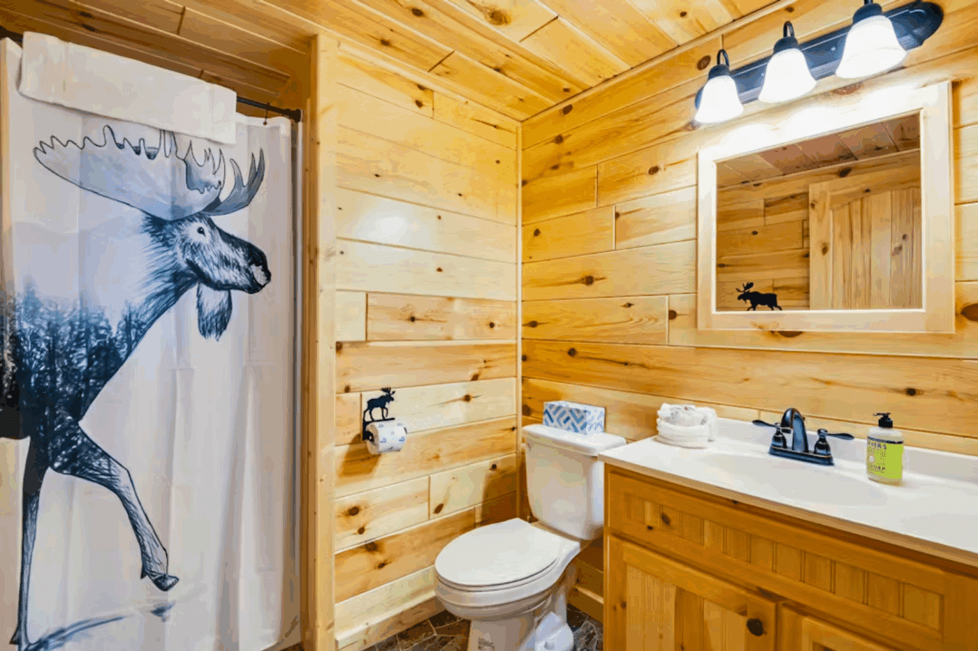 bathroom in log cabin built by Zook cabins in Florrisant Co