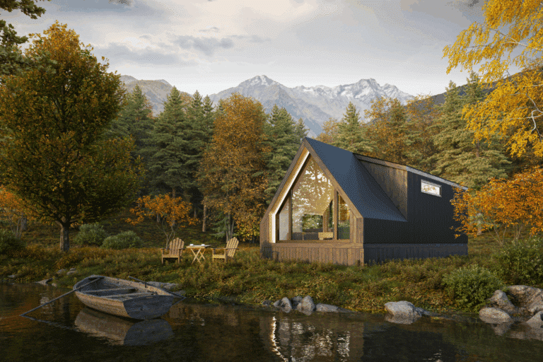 A Frame Bunk House with illuminated peak