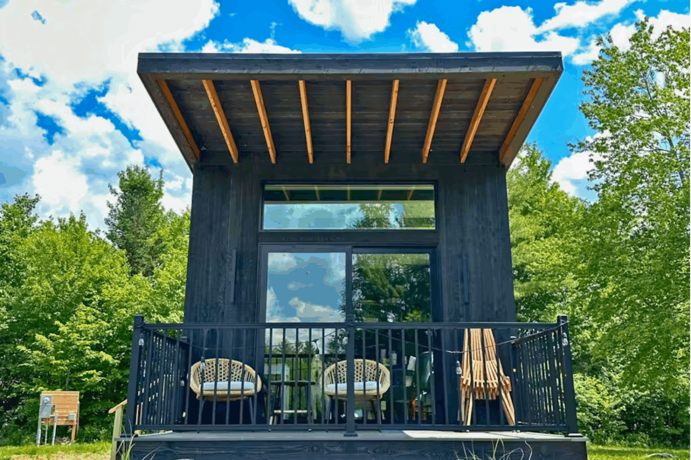 Front porch of Rockwood park model tiny home in Weston VT