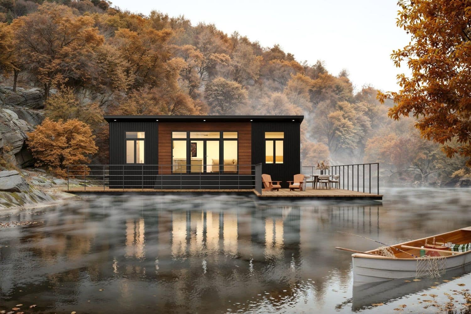 Tiny Home Laws in Oregon with view of tiny house on lake with fall trees in background