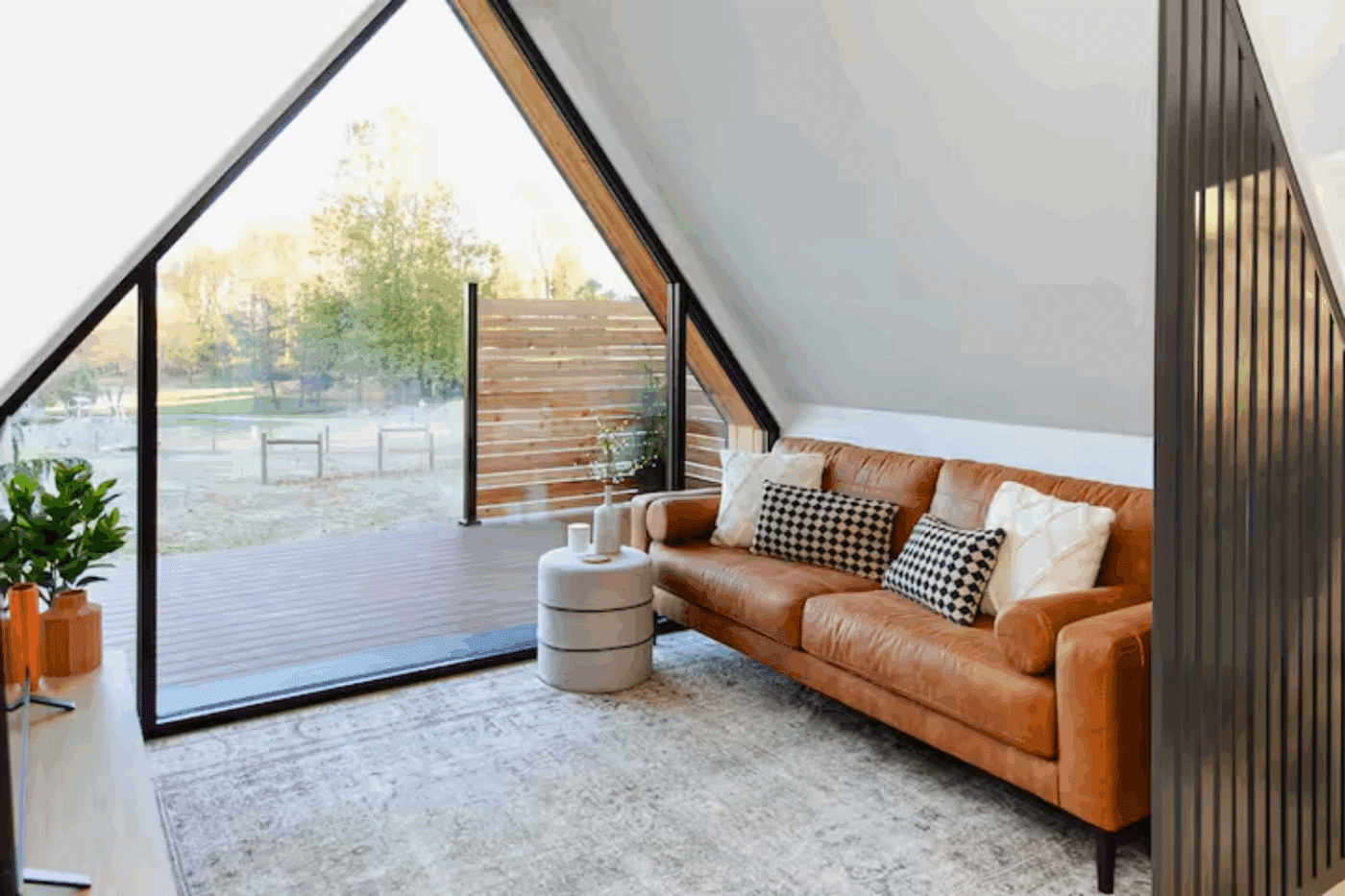 Sitting area in A frame tiny home built and designed by Psy Homes