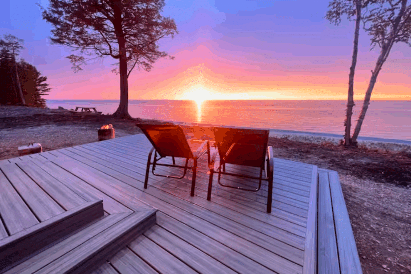 sunset from Alpine park model tiny home in the UP of Michigan