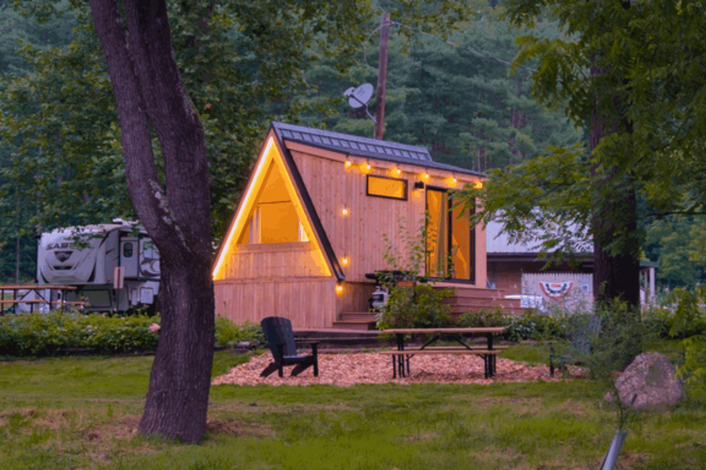 creek front custom built A frame glamping pod built and designed by Psy Homes