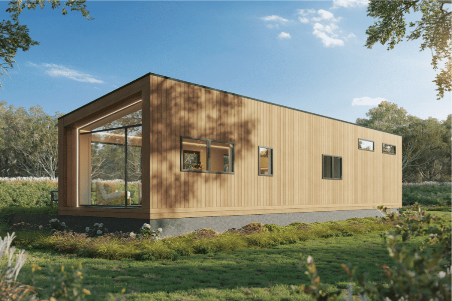 2 bedroom Luna ADU with wood paneling on a concrete foundation