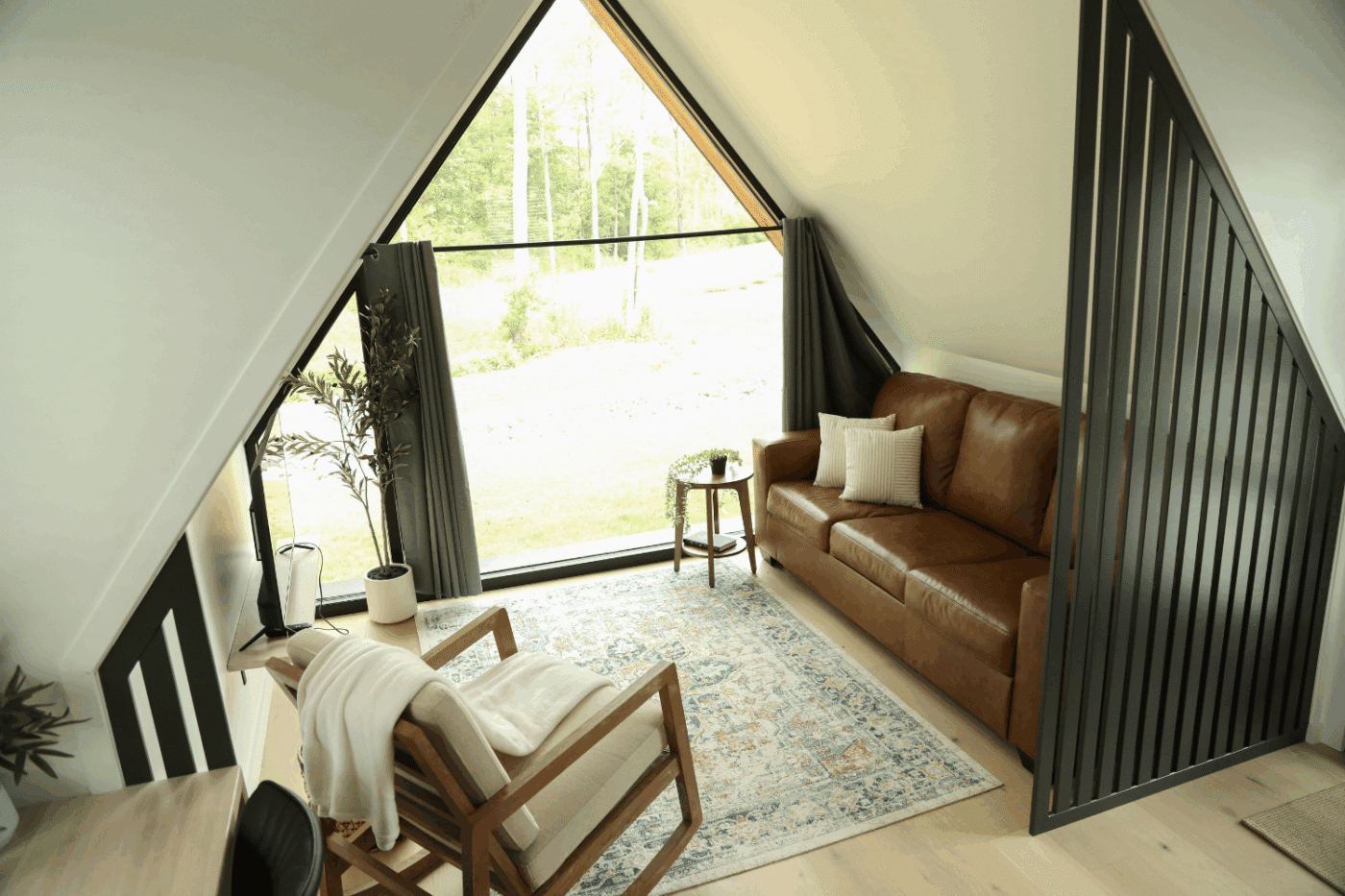 A Frame park model tiny home living room in Milroy PA