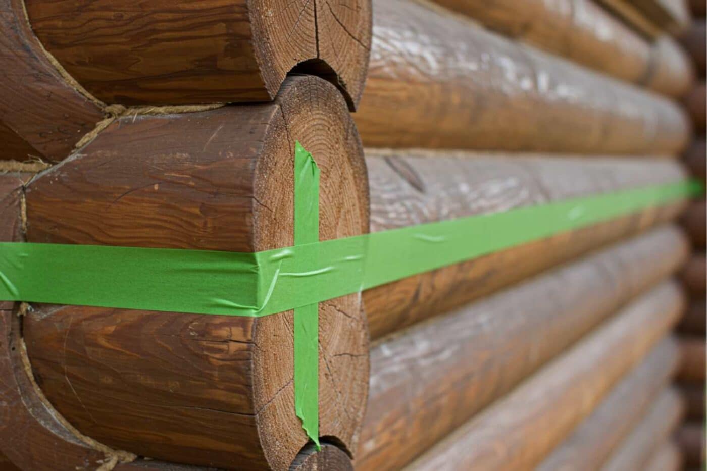 Frog tape on top of log cabin