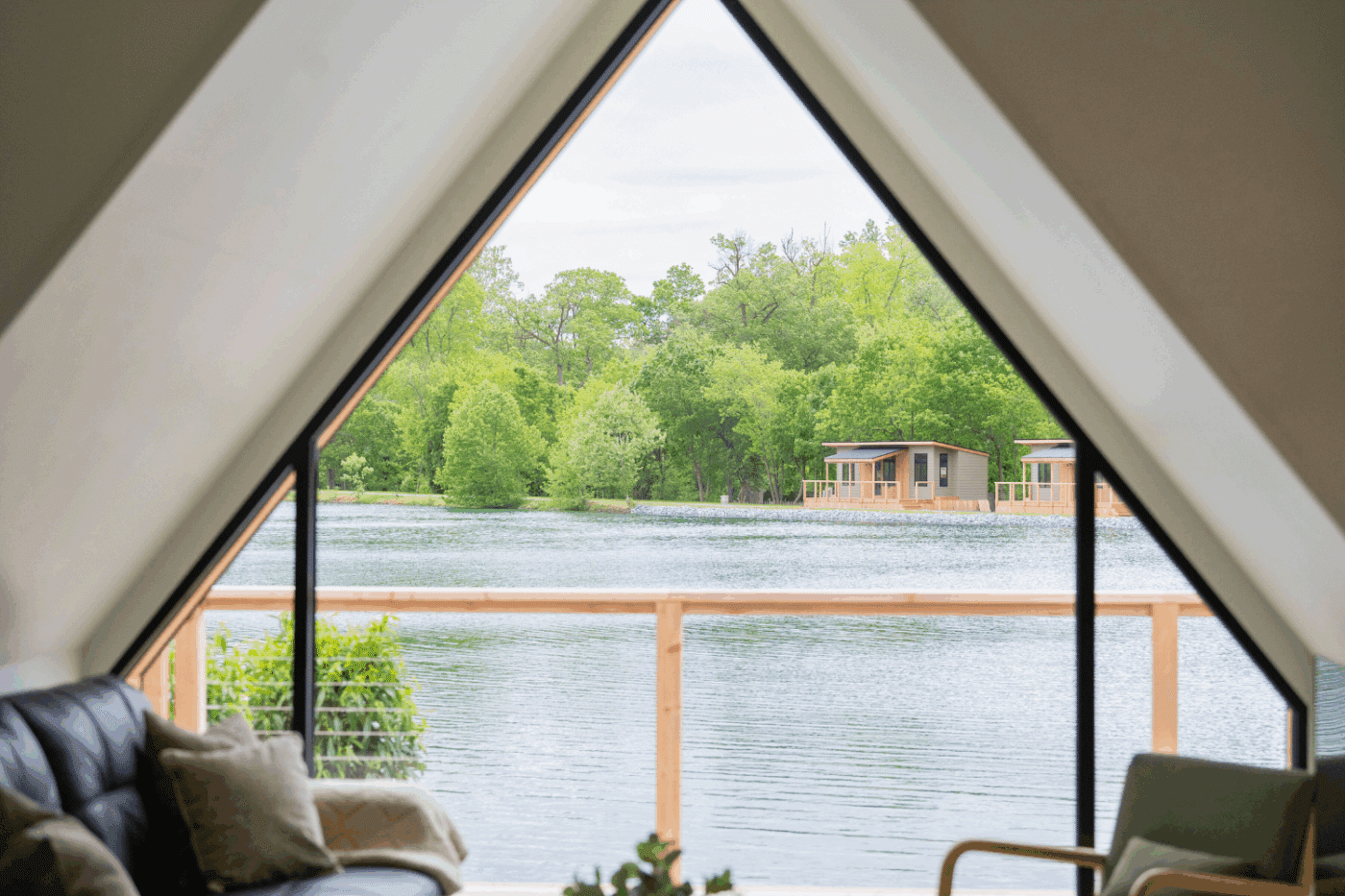 lake view of A Frame studio park model tiny home at Red Run Resort Site 140 in New Holland Pa