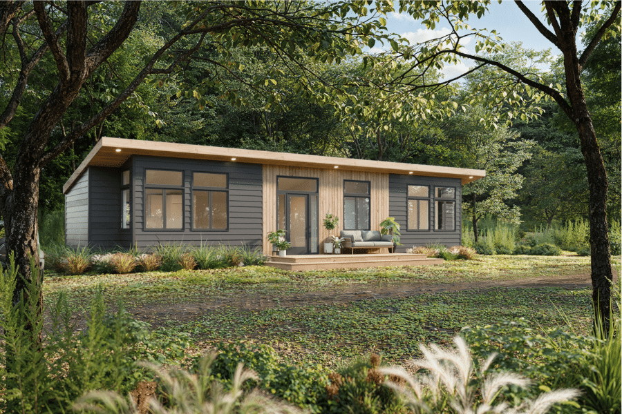 Sonoma 2 bedroom ADU with black siding and wood paneling in woods